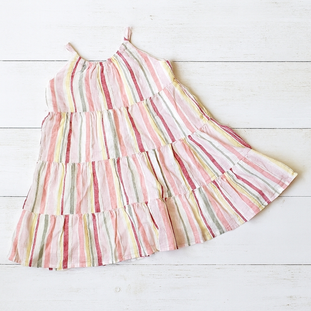 Gymboree 4T Girls Linen Cotton Striped Sundress Gold Metallic Thread Lined